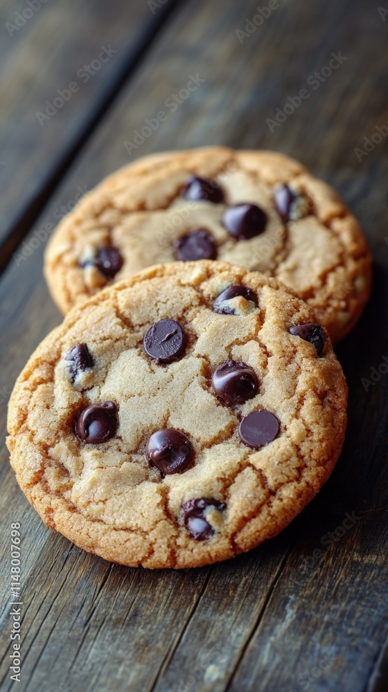 Two delicious chocolate chip cookies on a rustic wooden surface. Two delicious chocolate chip cookies on a rustic wooden surface.