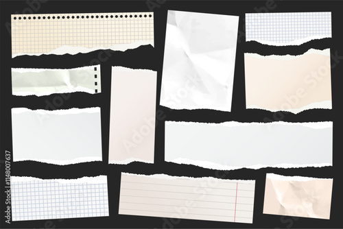 Ripped paper strips. Realistic crumpled paper scraps with torn edges. Shreds of notebook, book or old newspaper pages. Trendy collage elements. Vector illustration