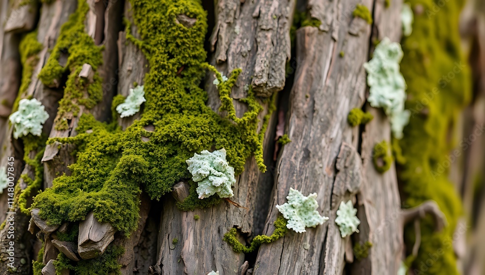 Moss and Lichen Growing on Weathered Wood