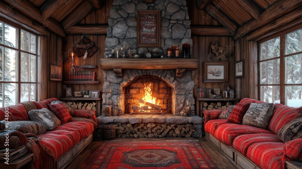 Cozy cabin, fireplace burning, winter scene. Cozy cabin, fireplace burning, winter scene.