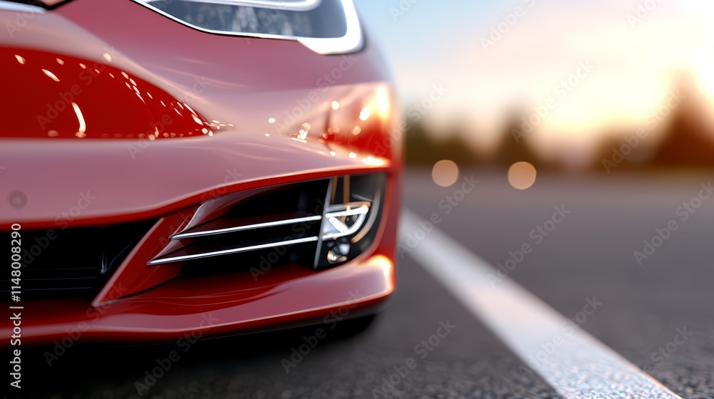 Obraz premium A red sports car driving down a road at sunset