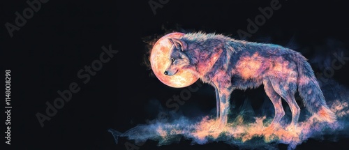 Wolf with glowing moonshaped fur, pastel watercolor, isolated background, mystic allure photo