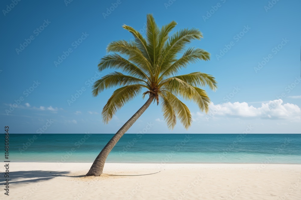 Obraz premium arafed palm tree on a beach with a blue ocean in the background