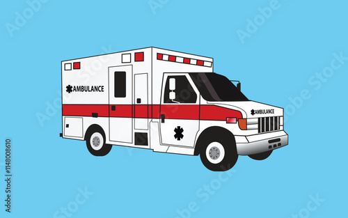 An ambulance illustration with a red stripe, emergency lights, and medical symbol, on a solid blue background, designed in a flat, clean vector style.