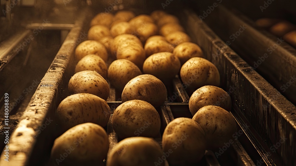 Potatoes on Conveyor Belt: A close-up shot of russet potatoes moving along a conveyor belt in a food processing facility. The warm lighting and textures emphasize the natural quality of the product. Potatoes on Conveyor Belt: A close-up shot of russet potatoes moving along a conveyor belt in a food processing facility. The warm lighting and textures emphasize the natural quality of the product.