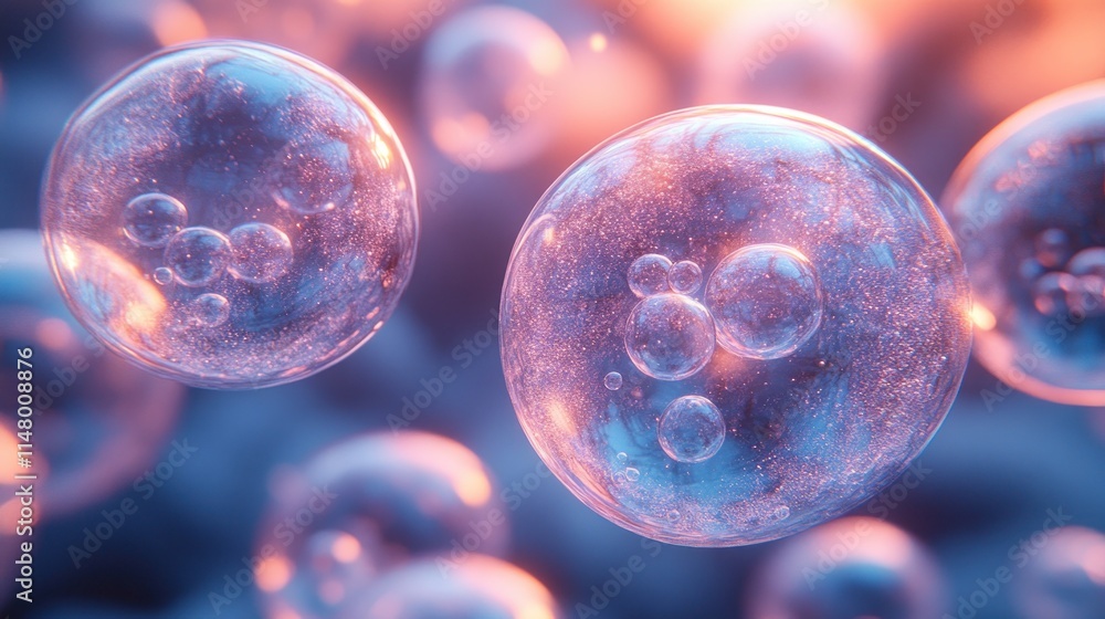 Naklejka premium Abstract spheres, bubbles, glowing, translucent, vibrant colors, floating in space.