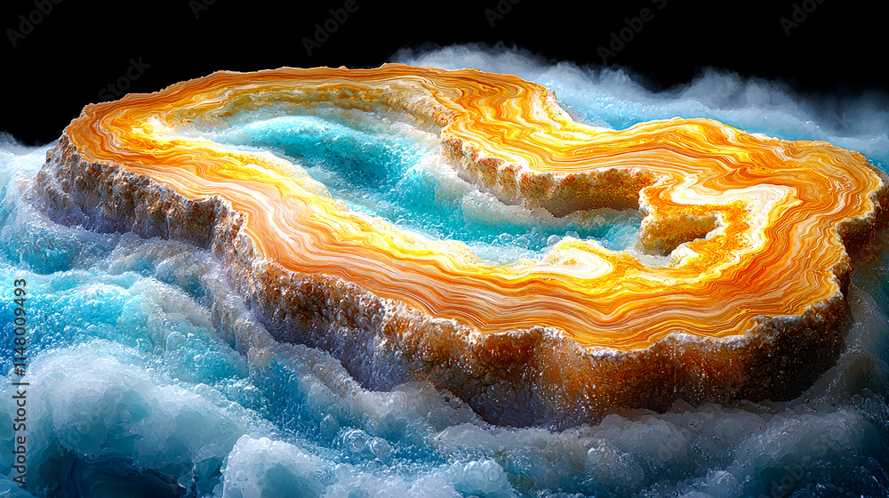 Fototapeta premium Abstract island-like agate geode with orange and blue layers.