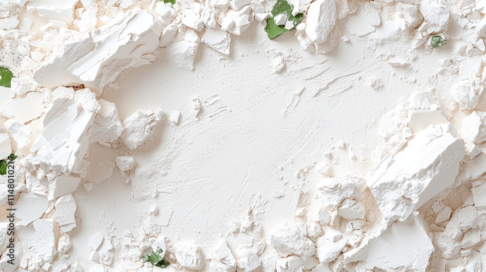 Close-up of white powder with green leaf fragments forming a frame. Close-up of white powder with green leaf fragments forming a frame.