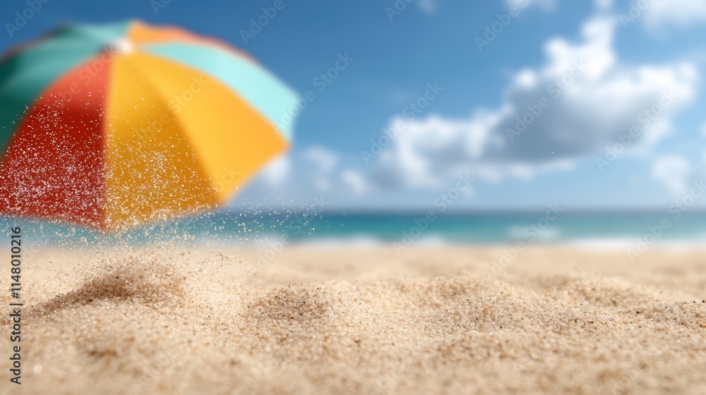 Naklejka premium A colorful umbrella on a sandy beach with the ocean in the background
