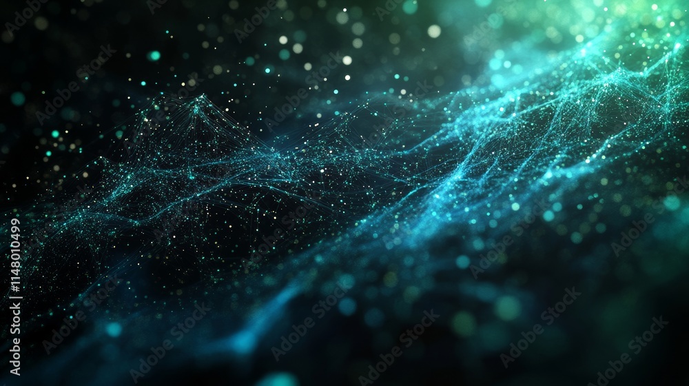 Swirling Particles Create an Ethereal Blue and Green Abstract Background Illuminated by Soft Light in a Cosmic Atmosphere Swirling Particles Create an Ethereal Blue and Green Abstract Background Illuminated by Soft Light in a Cosmic Atmosphere