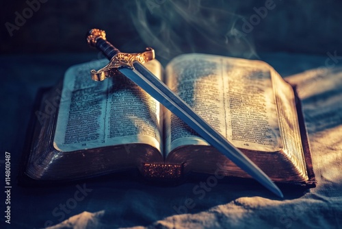 holy bible and sword in sunlight