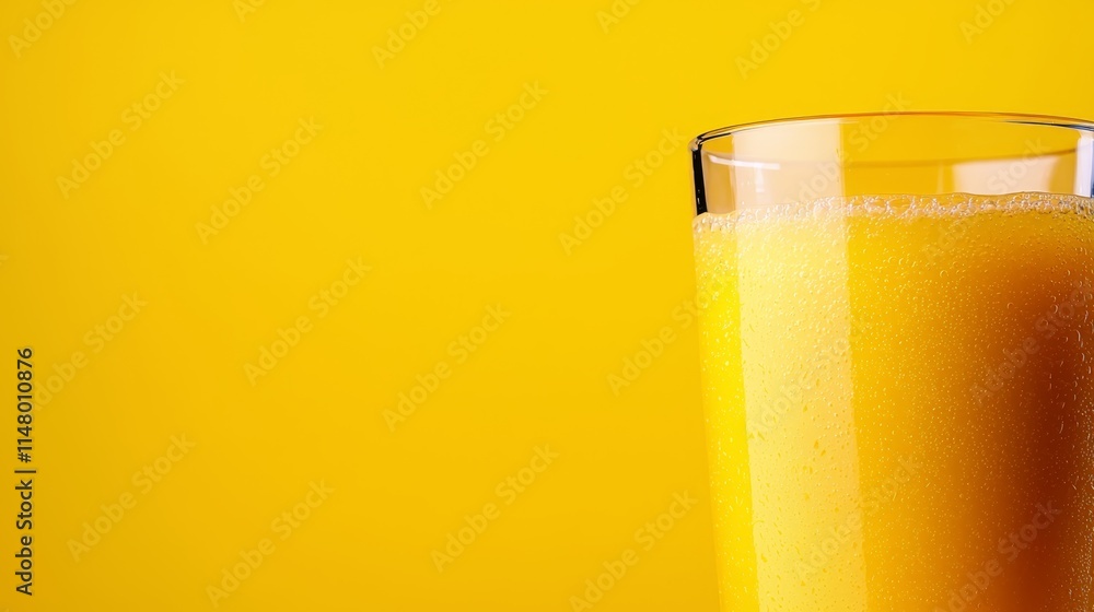 A glass of orange juice on a yellow background A glass of orange juice on a yellow background
