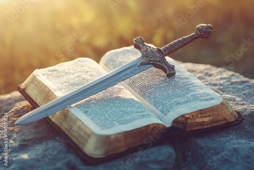 holy bible and sword in sunlight