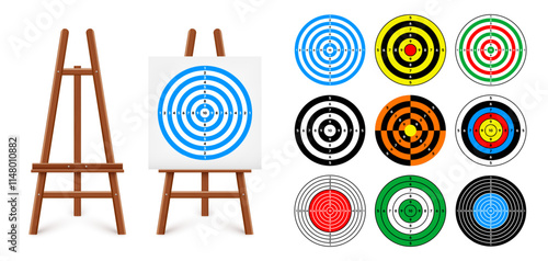 Shooting range target on a wooden easel stand. Paper target with divisions, marks and numbers. Archery, gun shooting and training, sport competition, hunting. Bullseye and aim. Vector illustration