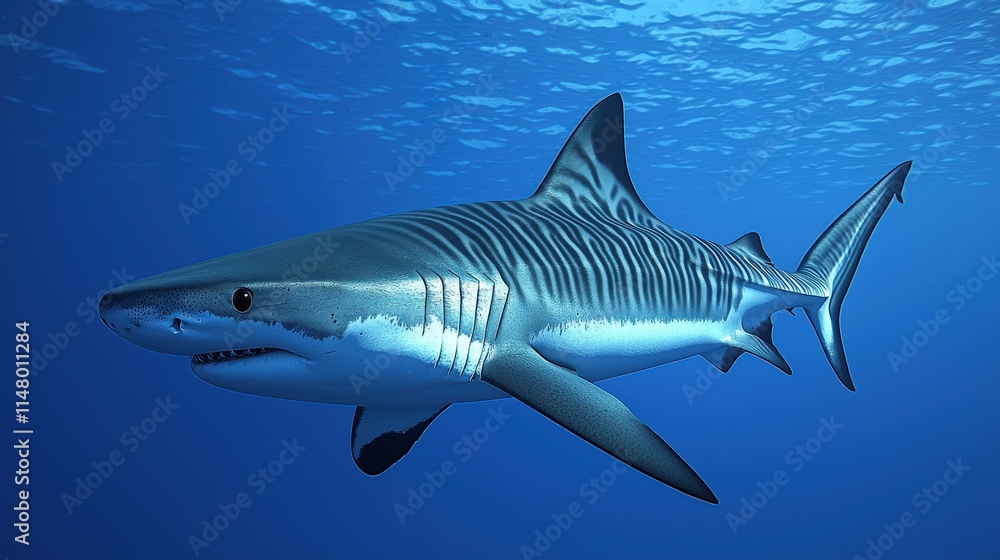 Obraz premium A realistic depiction of a shark swimming gracefully in clear blue waters, showcasing its sleek body and distinct stripes.