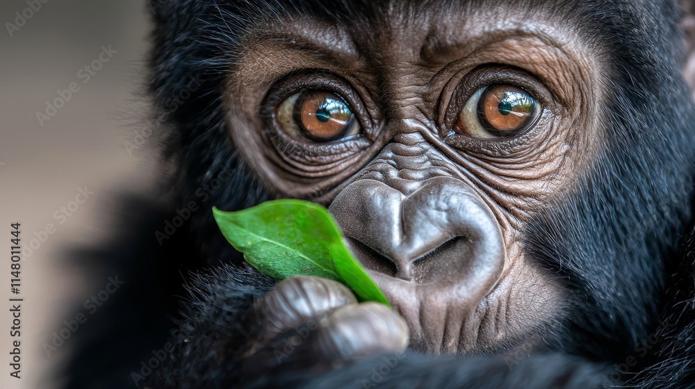 A close up of a chimpanzee holding a leaf in its mouth A close up of a chimpanzee holding a leaf in its mouth