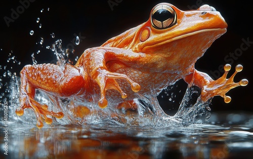 Vibrant orange frog leaping from water, splashing. photo