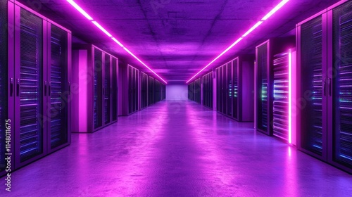 Cloud computing, automation, and backup Futuristic server room illuminated with vibrant purple lights.