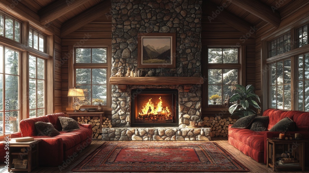 Cozy cabin interior with fireplace, snowy view. Cozy cabin interior with fireplace, snowy view.
