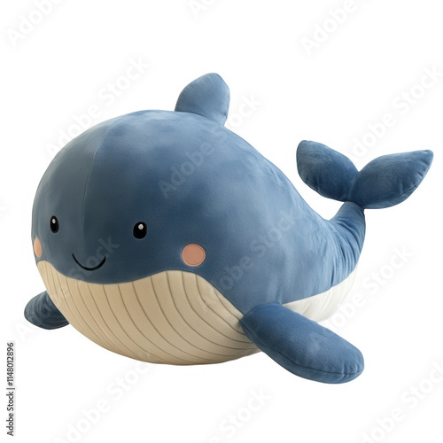 Blue plush toy whale with smiling face and eye detail, transparent PNG for decorative or children's purposes
