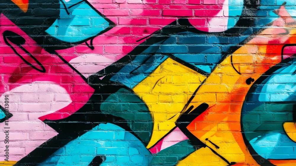 Fototapeta premium Vibrant Street Art Mural Showcasing Colorful Geometric Patterns on a Brick Wall in an Urban Setting During Daytime