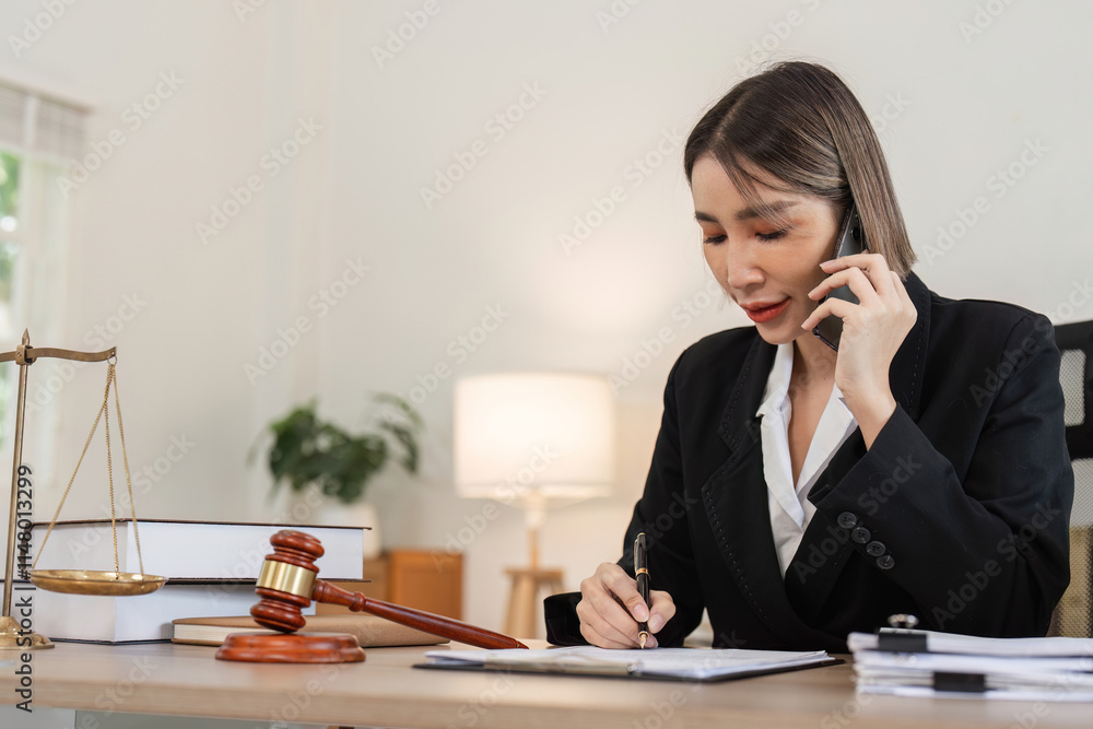Young Female Lawyer Discussing Business Contract Law Over Phone While Reviewing Documents in Modern Office Young Female Lawyer Discussing Business Contract Law Over Phone While Reviewing Documents in Modern Office