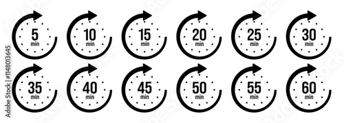 Stopwatch icons with pointer arrow. Chronometer, time counter with dial. Countdown time, hours and minutes. Deadline, sport measurement. Cooking time label, sticker. Vector illustration