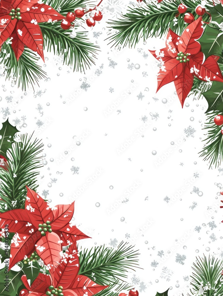 Abstract Christmas Frame with Poinsettias and Snowflakes - Festive Border Design for Holiday Invitations, Cards, and Seasonal Decorations Abstract Christmas Frame with Poinsettias and Snowflakes - Festive Border Design for Holiday Invitations, Cards, and Seasonal Decorations