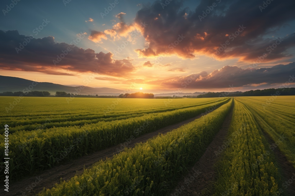 Fototapeta premium arafed field of crops with a sunset in the background