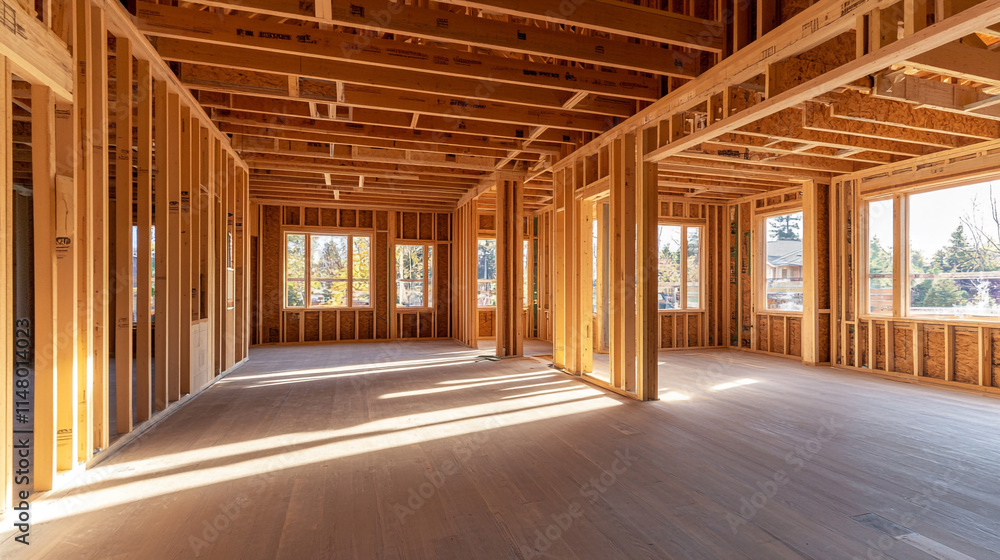 Spacious interior of a new construction home showcasing wooden framing and sunlight. Spacious interior of a new construction home showcasing wooden framing and sunlight.