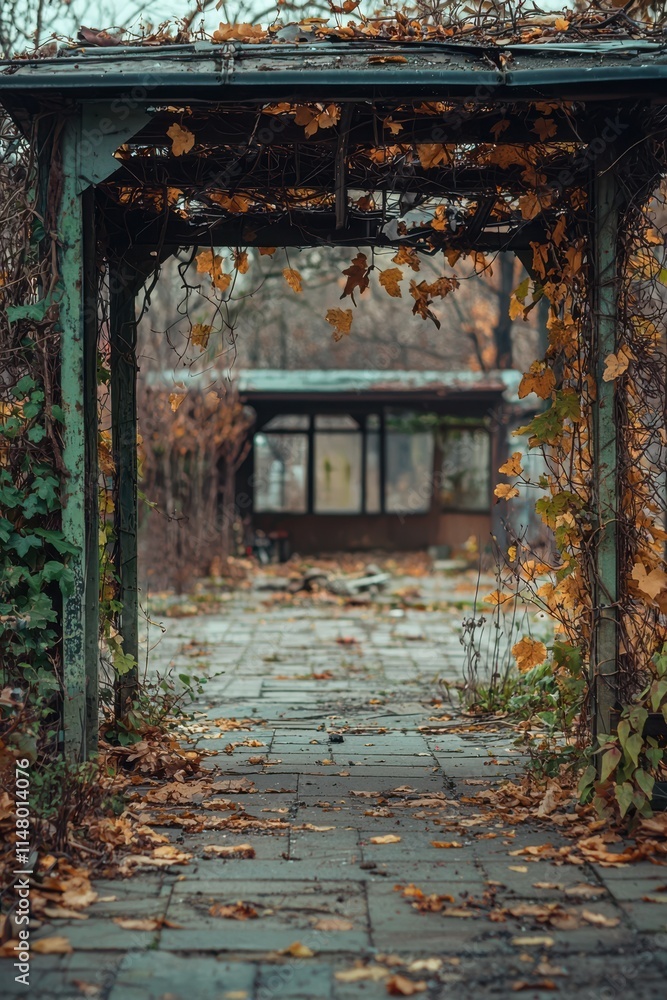Fototapeta premium Overgrown pathway leading to abandoned structure in autumn landscape with scattered leaves