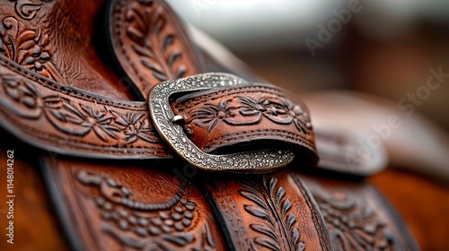 A close up of a saddle with a buckle on it