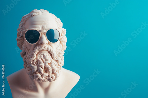 Socrates in sunglasses and white, minimalist style, turquoise background
