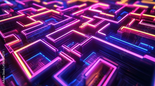 A chaotic pattern of neon lines forming a vibrant, abstract maze.