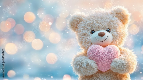 Cute Teddy Bear Holding a Pink Heart with Warm Bokeh Background