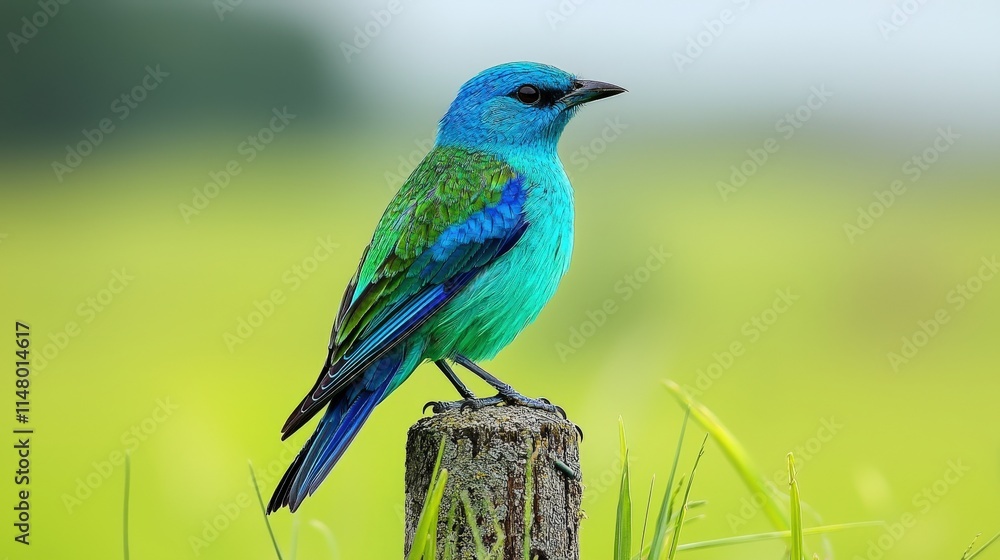 Obraz premium A vibrant blue-green bird perched on a rustic post, set against a soft-focus green background, showcasing nature's beauty.
