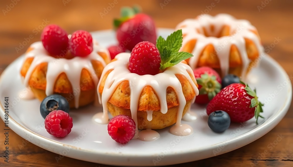 Mini Bundt Cakes Topped With Raspberries And Blueberries Mini Bundt Cakes Topped With Raspberries And Blueberries