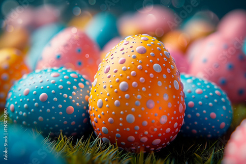 Close-up of a bunch of eggs with different colors and patterns. One of them is orange and has a lot of dots photo