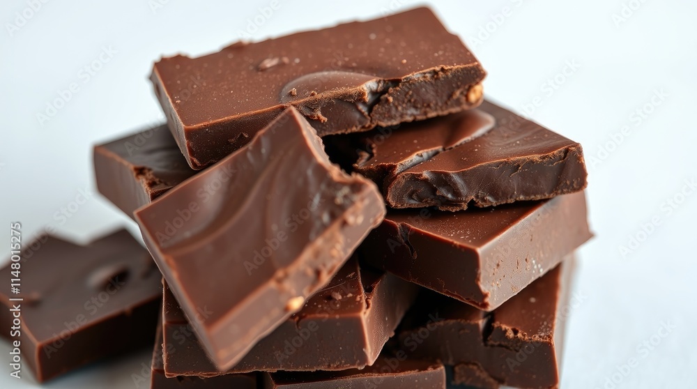 Rich dark chocolate pieces with a smooth surface are stacked neatly on a white background, showcasing their shine and inviting texture. Perfect for dessert lovers Rich dark chocolate pieces with a smooth surface are stacked neatly on a white background, showcasing their shine and inviting texture. Perfect for dessert lovers