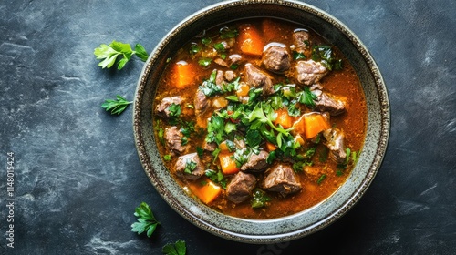 overhead studio shot of a bowl of lamb stew