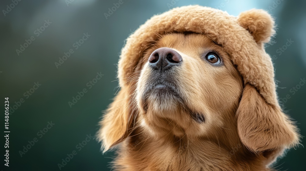 Obraz premium A dog wearing a bear hat looking up at the sky