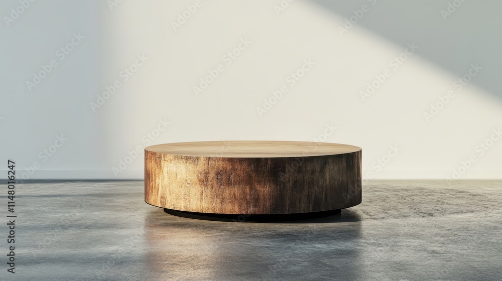 Round Wooden Table on Concrete Floor Against a White Wall Round Wooden Table on Concrete Floor Against a White Wall