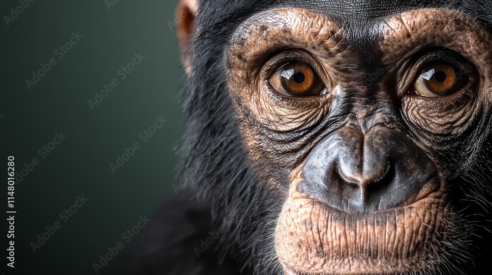 A close up of a chimpanzee's face with brown eyes A close up of a chimpanzee's face with brown eyes