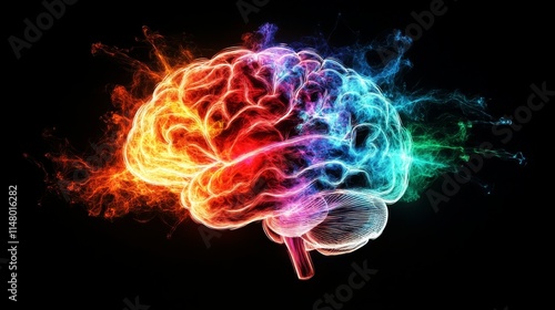 Colorful Abstract Representation of a Brain Surrounded by Swirling Lights and Vibrant Energy on a Dark Background photo