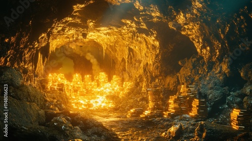 Fototapeta Naklejka Na Ścianę i Meble -  Golden treasure piles illuminate a dark cave.