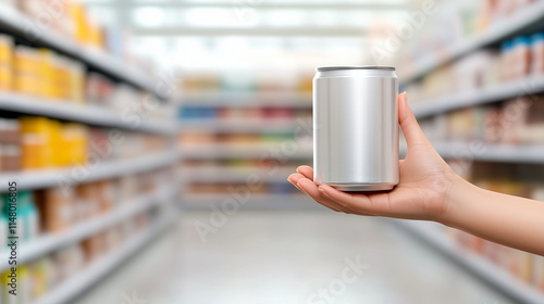 A hand holds a blank aluminum can in a supermarket aisle.
