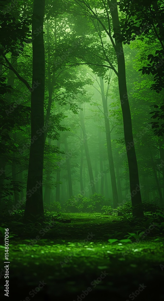 Obraz premium Mysterious Green Forest Path Misty Woods Nature Scene