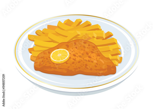 Fried pork schnitzel and french fries on a plate vector illustration. Fried steak with fries on a plate icon vector isolated on a white background. Chicken cutlet drawing