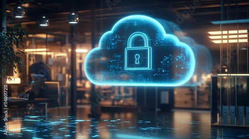 Holographic Cloud Security Icon in Contemporary Workspace