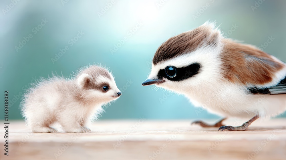A small bird standing next to a baby bird A small bird standing next to a baby bird